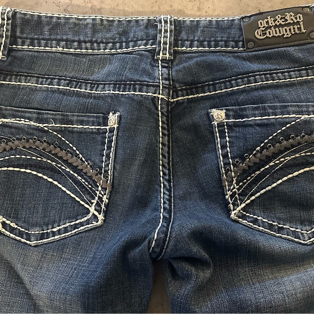 Rock & Roll Cowgirl Blue Boot Cut Jeans with Decorative Stitching